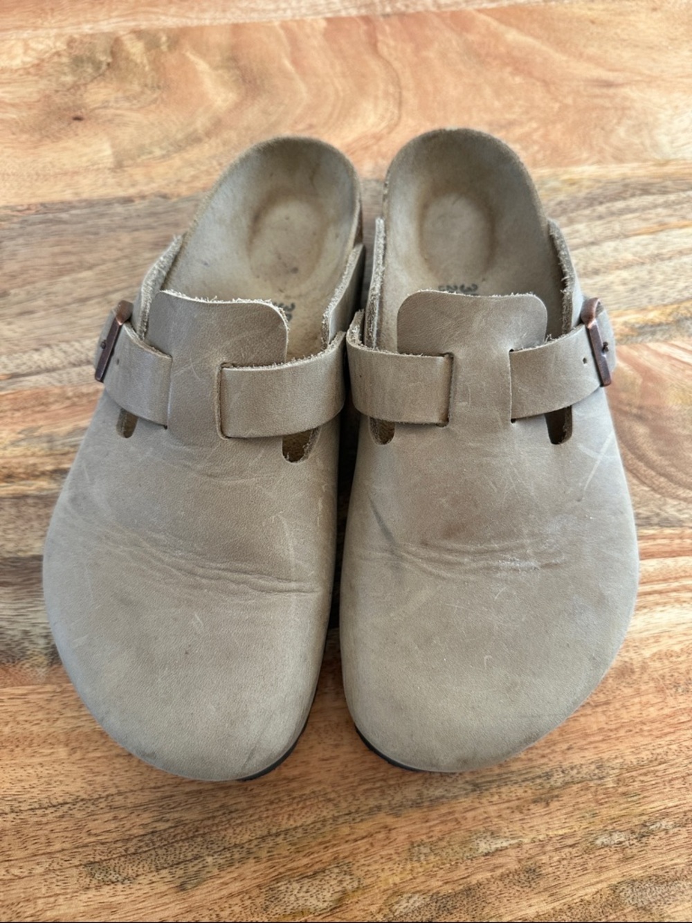 Birkenstock Boston Taupe Leather Slip-On Suede Clog with Buckle 38